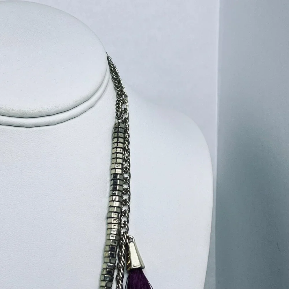 Double Strand Gold Tone Curb Chain Statement Necklace With Purple Tassels (5452) - Picture 5 of 8